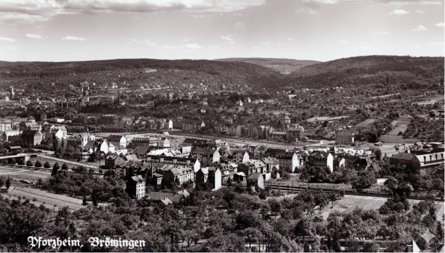 Maihälden mit Hofklamm und Hofäcker 1942 - Luftaufnahme von Pforzheim und Brötzingen